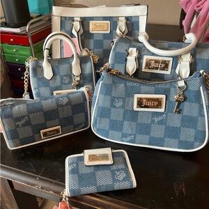 Juicy Couture Blue Check Denim Tote and Pouches Set with White Trim